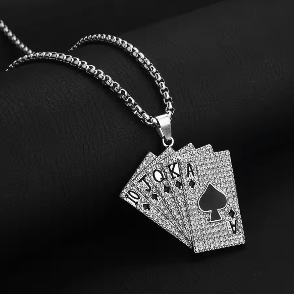 Men Women Hip Hop Rock Playing Card Pendant Necklace Shiny Ice Out Inlaid